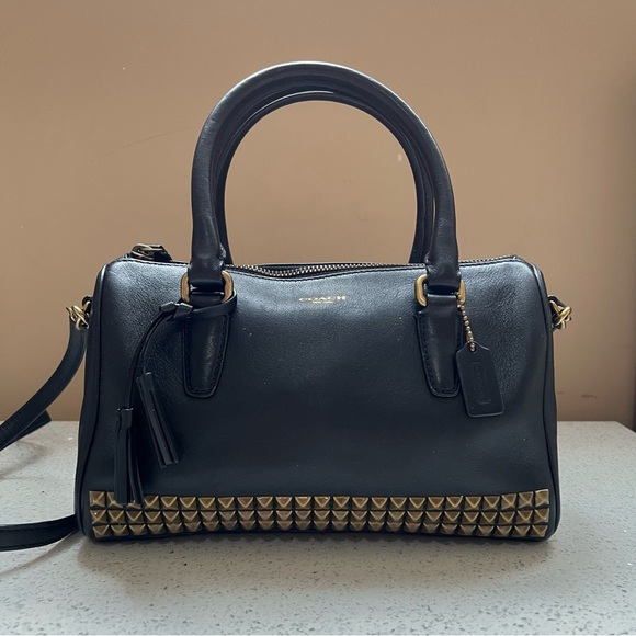 COACH Black Rowan Crossgrain Leather Crossbody Boston Gold Studs Purse Bag - Picture 3 of 13